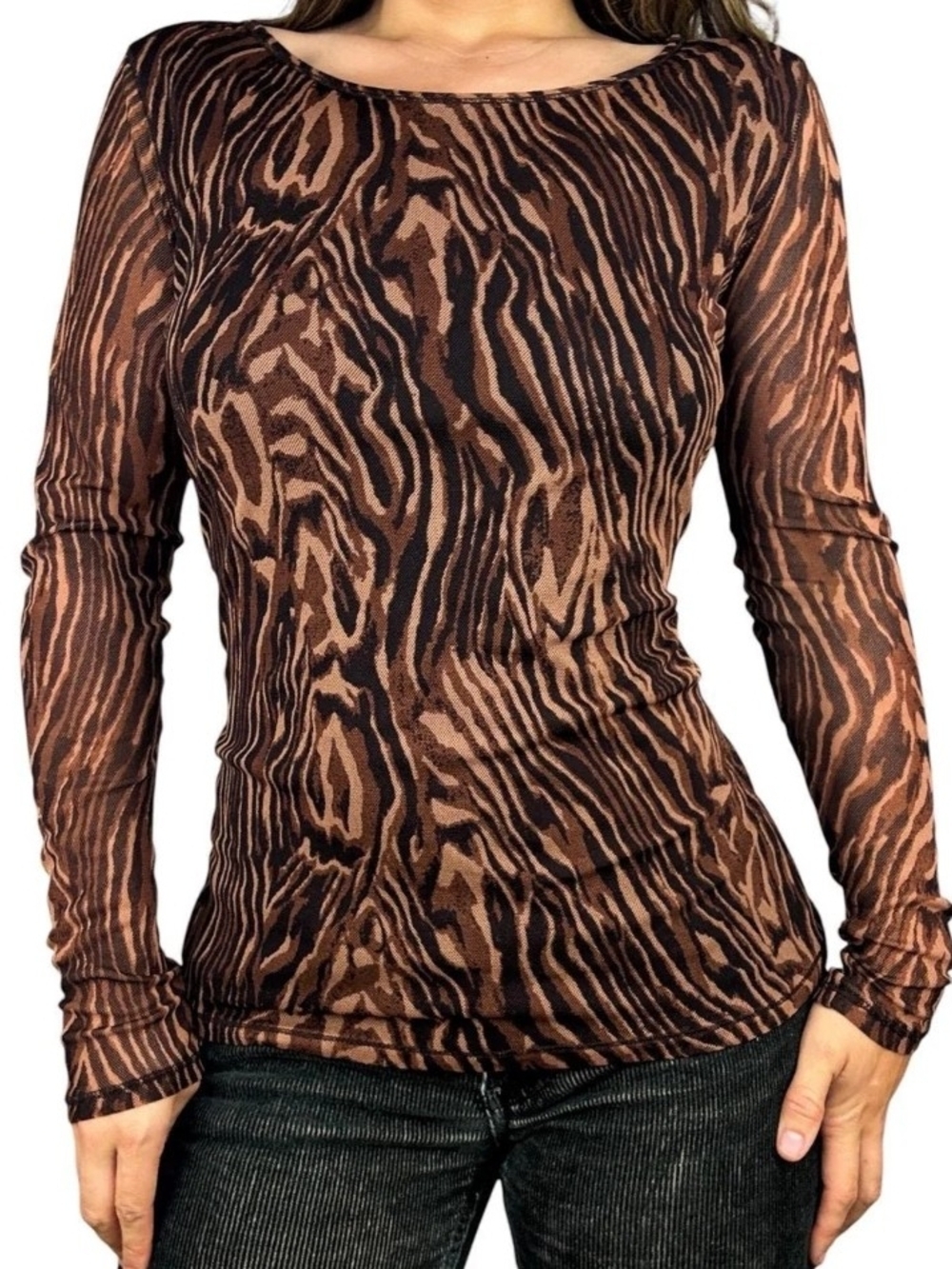 Vivienne Tam Tiger Print Mesh Long Sleeve Top Lined Y2K Designer Animal Print M